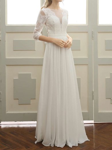 A-line Illusion Chiffon Floor-length Wedding Dresses With Appliques Lace #Milly00023059