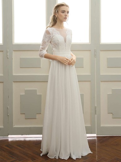 A-line Scoop Neck Tulle Chiffon Floor-length with Appliques Lace Wedding Dresses #Milly00023059