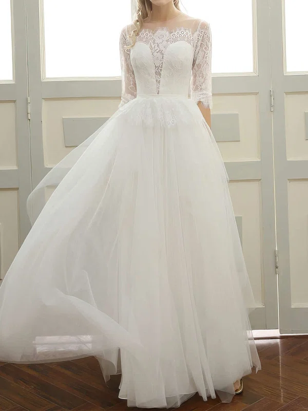 A-line Illusion Tulle Floor-length Wedding Dresses With Appliques Lace #Milly00023060