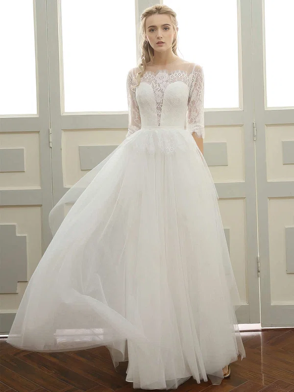 A-line Scoop Neck Tulle Floor-length with Sashes / Ribbons Wedding Dresses #Milly00023060
