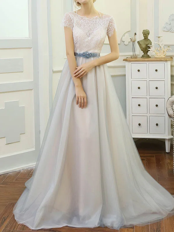 Ball Gown/Princess Illusion Tulle Lace Sweep Train Wedding Dresses With Sashes / Ribbons #Milly00023061