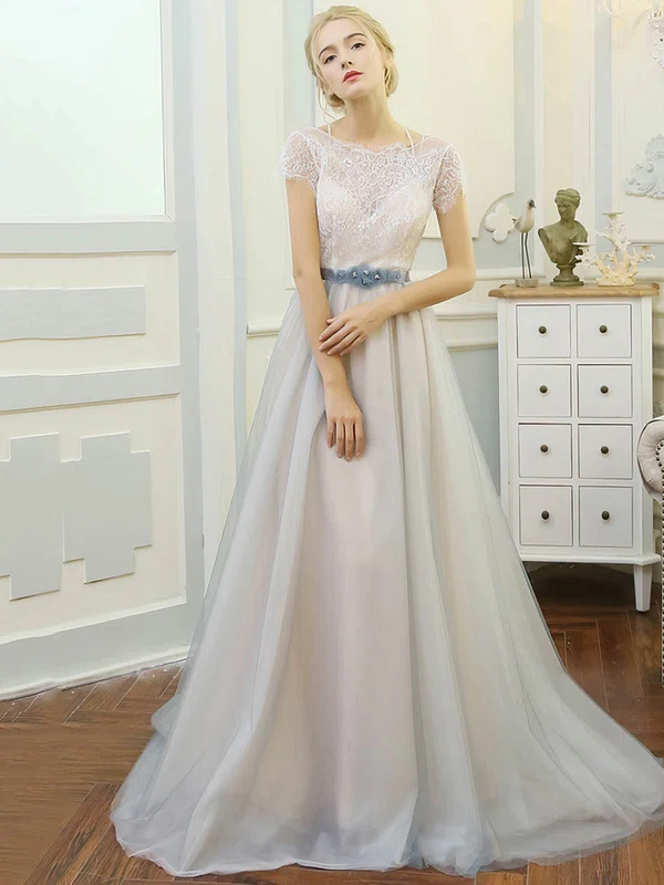A-line Scoop Neck Tulle Lace Sweep Train with Sashes / Ribbons Wedding Dresses #Milly00023061