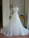 Ball Gown V-neck Tulle Sweep Train Wedding Dresses With Appliques Lace #Milly00023062