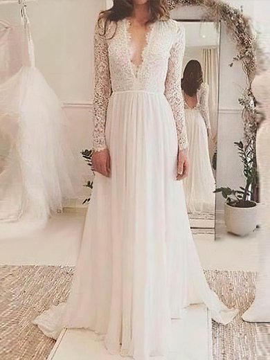 A-line V-neck Tulle Chiffon Sweep Train Wedding Dresses #Milly00023063