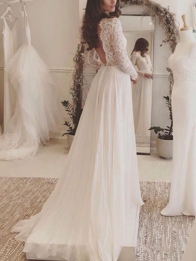 A-line V-neck Tulle Chiffon Sweep Train Wedding Dresses #Milly00023063
