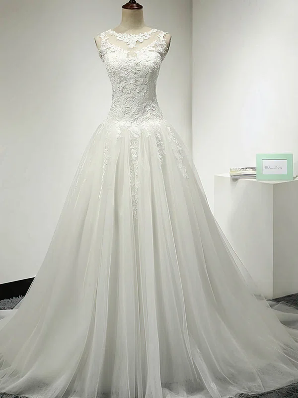 Ball Gown Illusion Tulle Sweep Train Wedding Dresses With Appliques Lace #Milly00023064