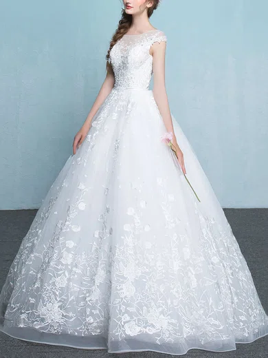 Ball Gown/Princess Illusion Organza Floor-length Wedding Dresses With Appliques Lace #Milly00023065