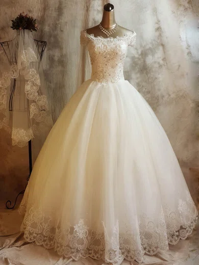 Ball Gown/Princess Off-the-shoulder Tulle Floor-length Wedding Dresses With Beading #Milly00023068