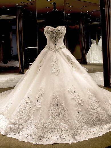 Ball Gown Sweetheart Tulle Cathedral Train with Appliques Lace Wedding Dresses #Milly00023069