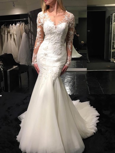 Trumpet/Mermaid Scoop Neck Tulle Sweep Train with Appliques Lace Wedding Dresses #Milly00023070