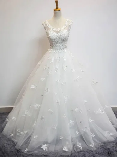 Ball Gown/Princess Illusion Tulle Floor-length Wedding Dresses With Beading #Milly00023072