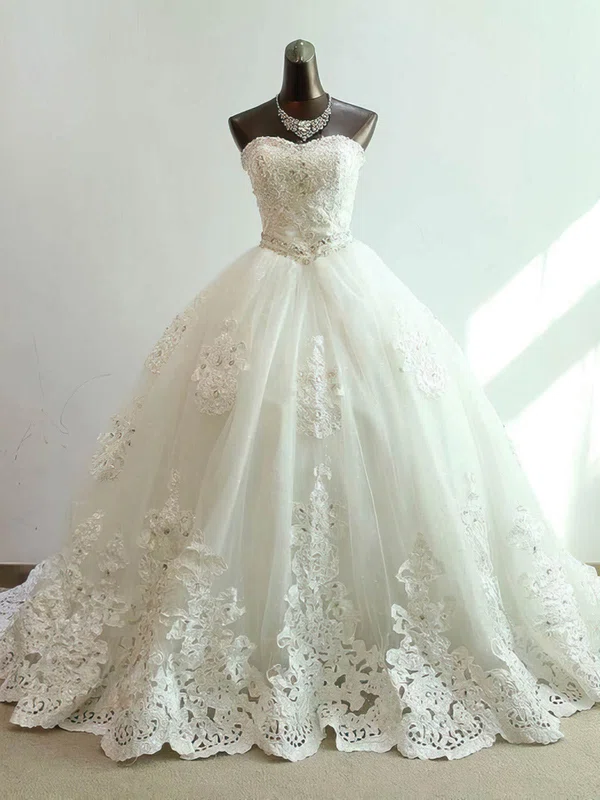 Ball Gown Sweetheart Tulle Chapel Train Wedding Dresses With Beading #Milly00023073