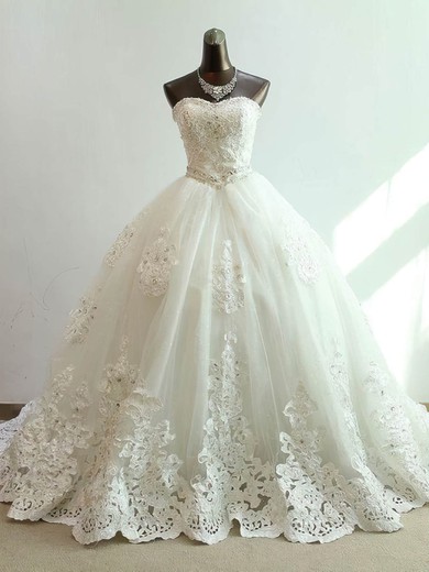 Ball Gown Sweetheart Tulle Chapel Train with Beading Wedding Dresses #Milly00023073