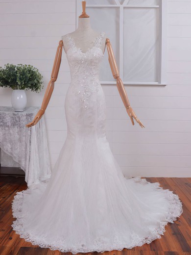 Trumpet/Mermaid V-neck Lace Tulle Court Train with Appliques Lace Wedding Dresses #Milly00023074