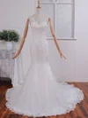 Trumpet/Mermaid V-neck Lace Tulle Court Train Wedding Dresses With Appliques Lace #Milly00023074