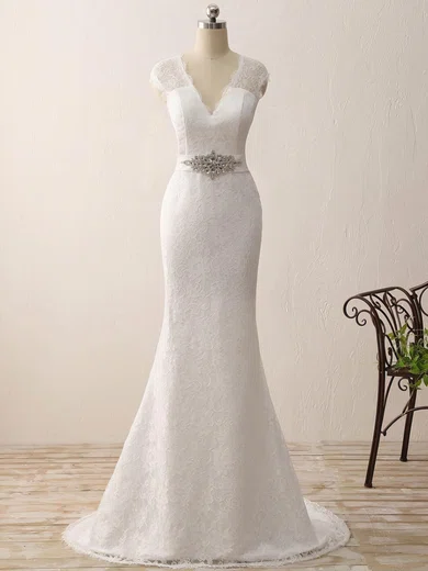 Trumpet/Mermaid V-neck Lace Sweep Train Wedding Dresses With Sashes / Ribbons #Milly00023075