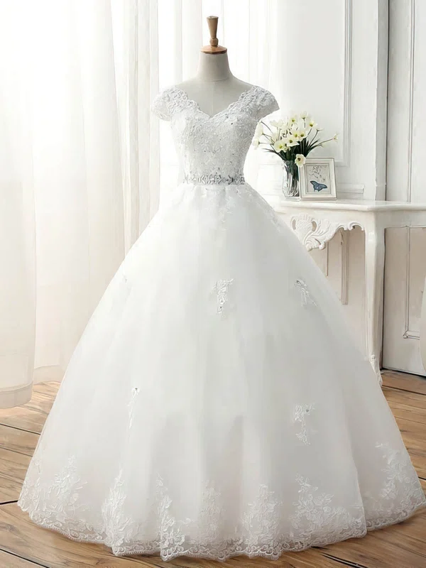 Ball Gown V-neck Tulle Floor-length Wedding Dresses With Beading #Milly00023077