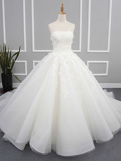 Ball Gown Strapless Organza Tulle Chapel Train with Appliques Lace Wedding Dresses #Milly00023078