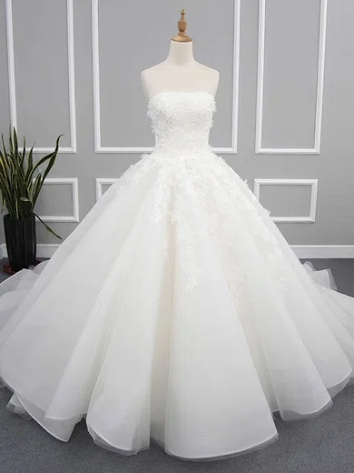 Ball Gown/Princess Straight Organza Chapel Train Wedding Dresses With Appliques Lace #Milly00023078
