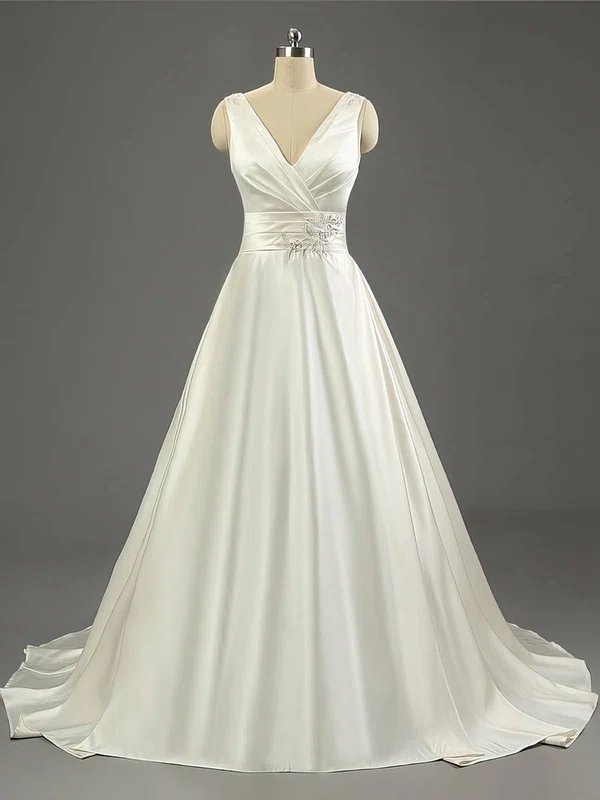 Ball Gown V-neck Satin Sweep Train Wedding Dresses With Sequins #Milly00023079
