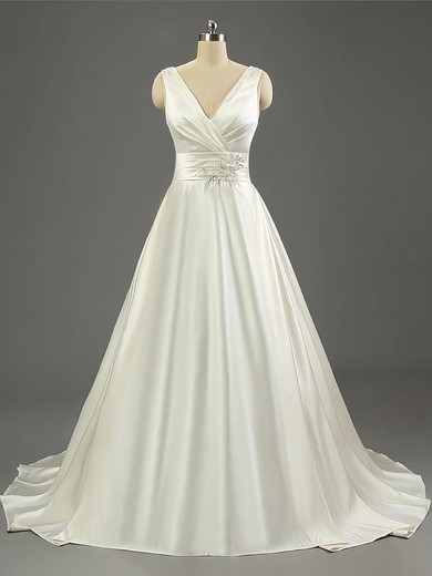 Ball Gown V-neck Satin Sweep Train with Ruffles Wedding Dresses #Milly00023079