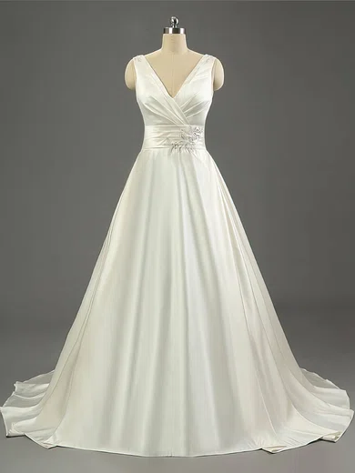 Ball Gown/Princess V-neck Satin Sweep Train Wedding Dresses With Sequins #Milly00023079