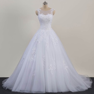 Ball Gown Scoop Neck Tulle Sweep Train with Beading Wedding Dresses #Milly00023081