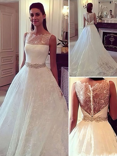 Ball Gown Scoop Neck Lace Sweep Train with Sashes / Ribbons Wedding Dresses #Milly00023084