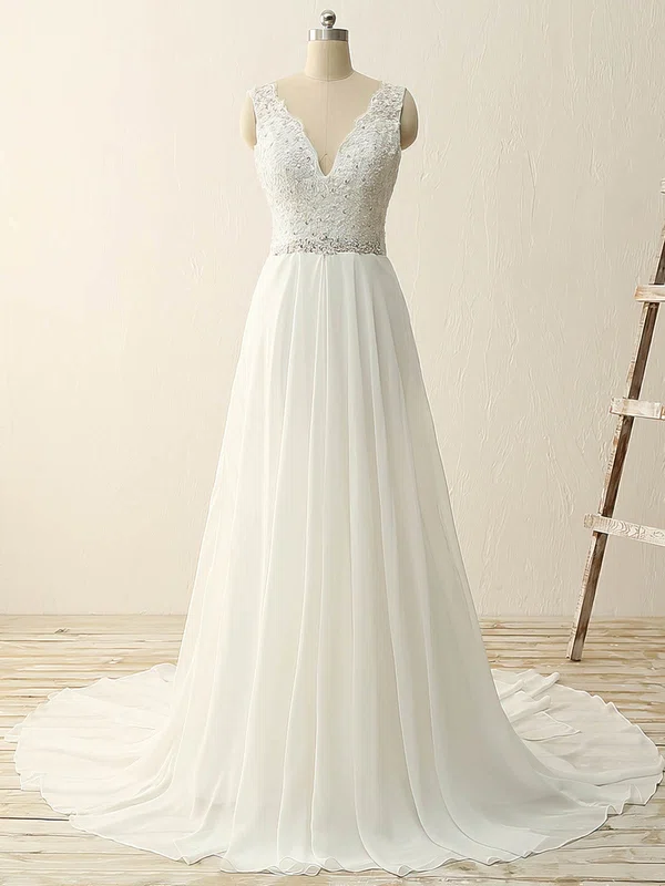 A-line V-neck Chiffon Sweep Train Wedding Dresses With Appliques Lace #Milly00023086