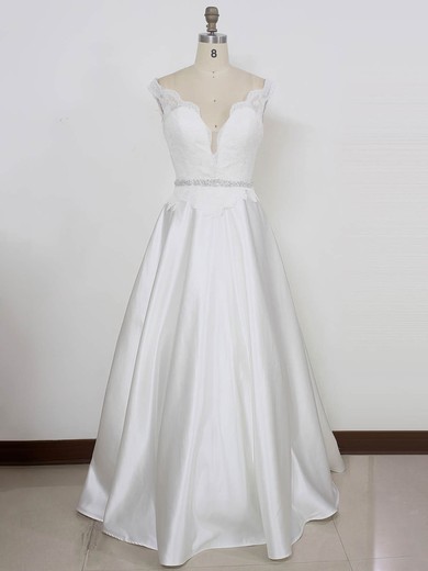 Ball Gown V-neck Satin Floor-length Wedding Dresses With Beading #Milly00023002