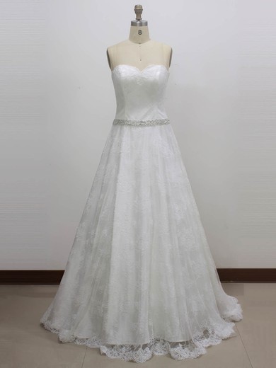Ball Gown Sweetheart Lace Sweep Train Wedding Dresses With Sashes / Ribbons #Milly00023003