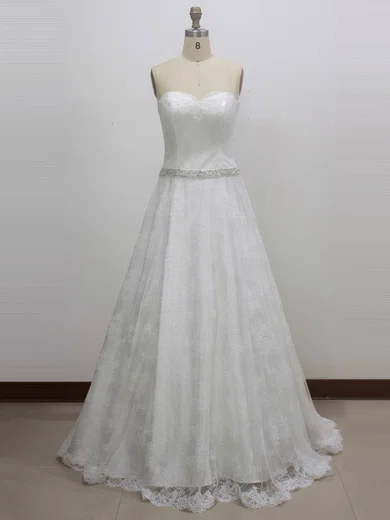 Ball Gown/Princess Sweetheart Lace Sweep Train Wedding Dresses With Sashes / Ribbons #Milly00023003