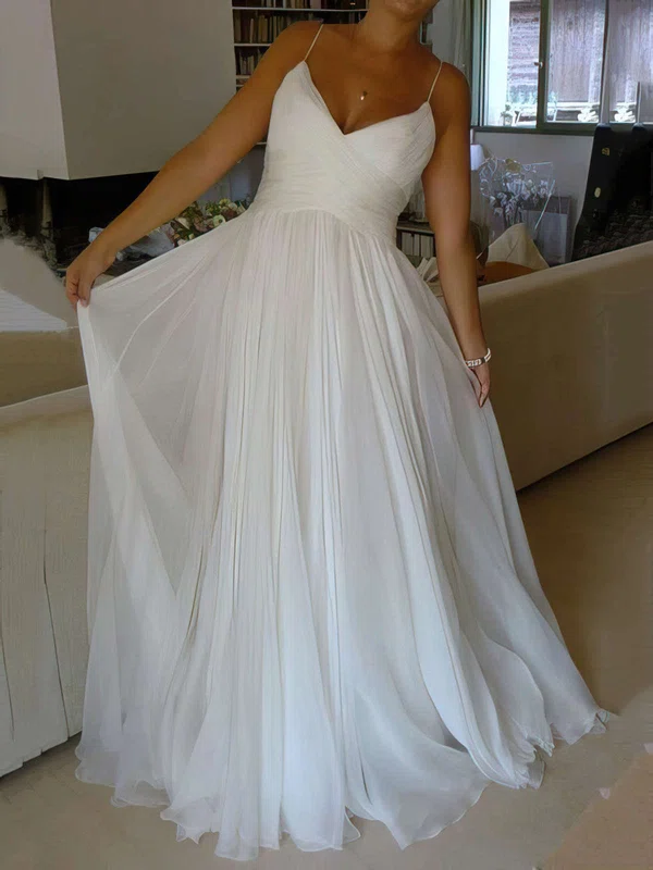 A-line V-neck Chiffon Sweep Train Wedding Dresses With Ruffles #Milly00023006