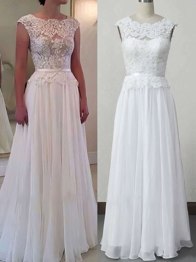 A-line Illusion Chiffon Floor-length Wedding Dresses With Appliques Lace #Milly00023007
