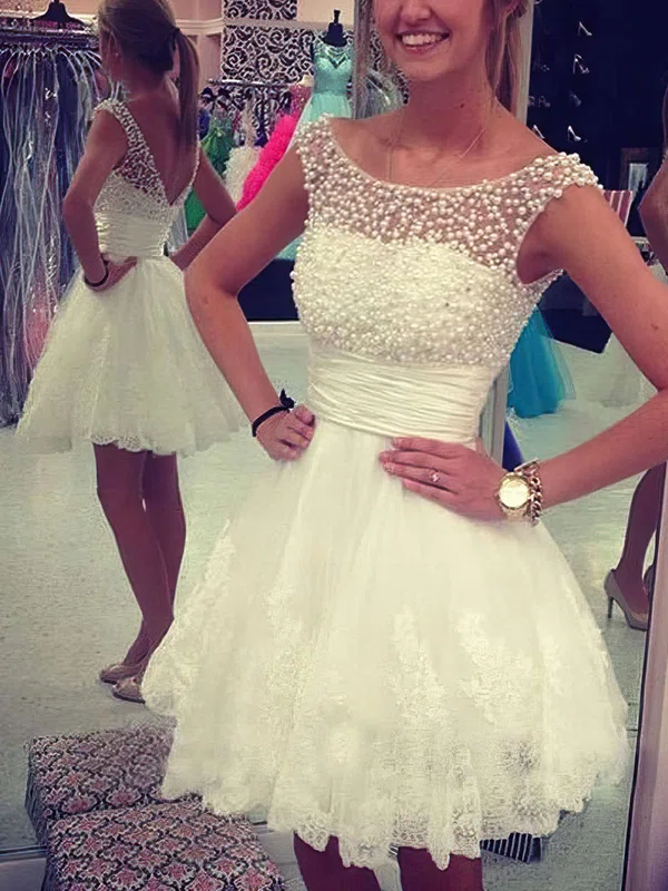 A-line Scoop Neck Tulle Short/Mini Appliques Lace Short Prom Dresses #Milly020104126