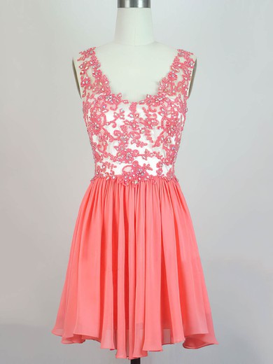 A-line V-neck Chiffon Tulle Short/Mini with Beading Prom Dresses #Milly020104135