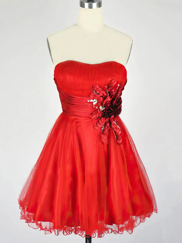 A-line Strapless Tulle Short/Mini with Flower(s) Prom Dresses #Milly020104141