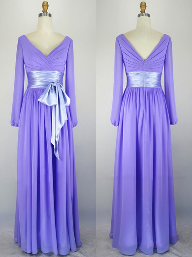 A-line V-neck Chiffon Floor-length Sashes / Ribbons Prom Dresses #Milly020104289