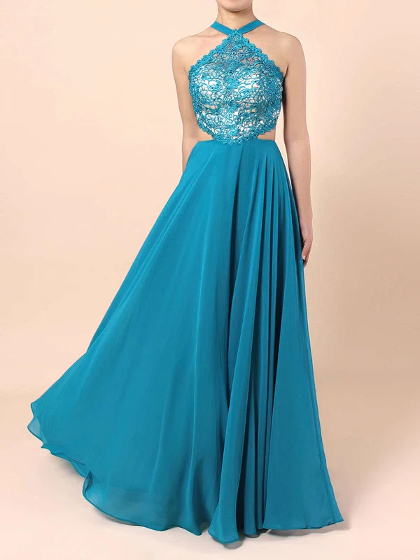 A-line V-neck Lace Chiffon Floor-length Beading Prom Dresses #Milly020104544