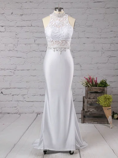 Mermaid High Neck Jersey Lace Modest Prom Dresses With Beading #Milly020104545