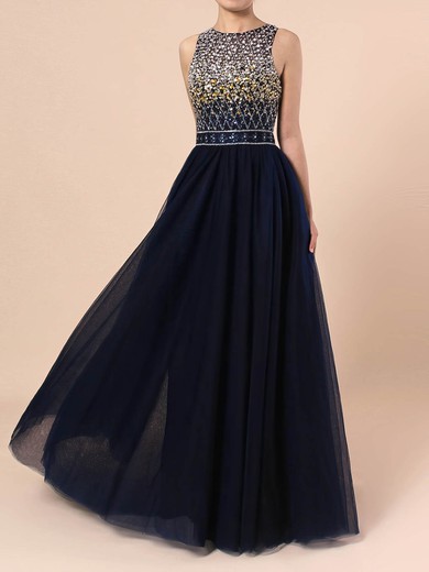 Princess Scoop Neck Tulle Floor-length Beading Prom Dresses #Milly020104551
