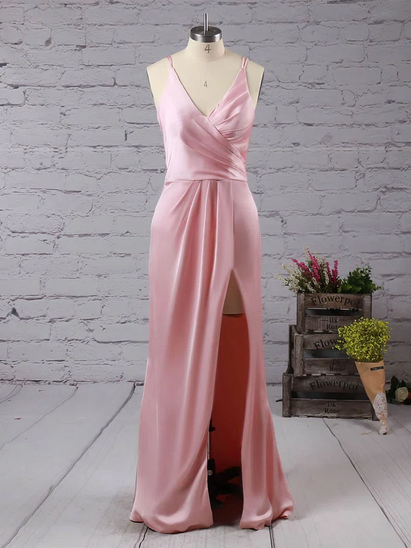 Trumpet/Mermaid V-neck Silk-like Satin Floor-length Split Front Prom Dresses #Milly020104553