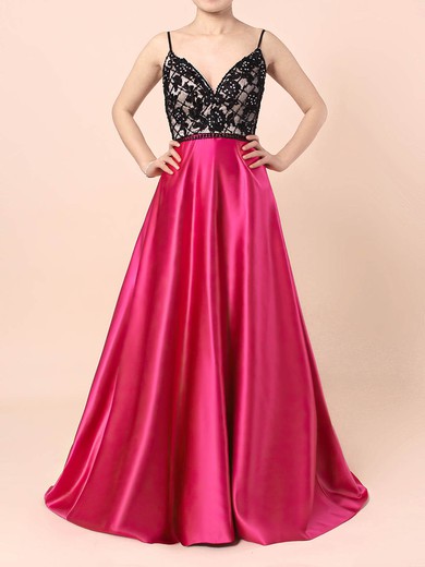 Princess V-neck Satin Floor-length Beading Prom Dresses #Milly020104554