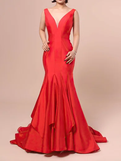 Red Mermaid V-neck Backless Taffeta Prom Dresses #Milly020104556