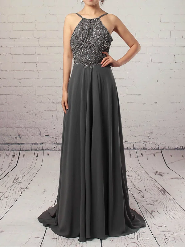 A-line Scoop Neck Chiffon Sweep Train Beading Prom Dresses #Milly020104558