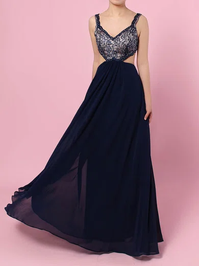 A-line V-neck Chiffon Floor-length Beading Prom Dresses #Milly020104559