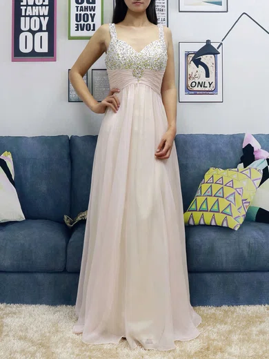 A-line V-neck Chiffon Floor-length Beading Prom Dresses #Milly020104563