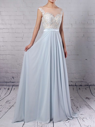 A-line Scoop Neck Chiffon Sweep Train Beading Prom Dresses #Milly020104565