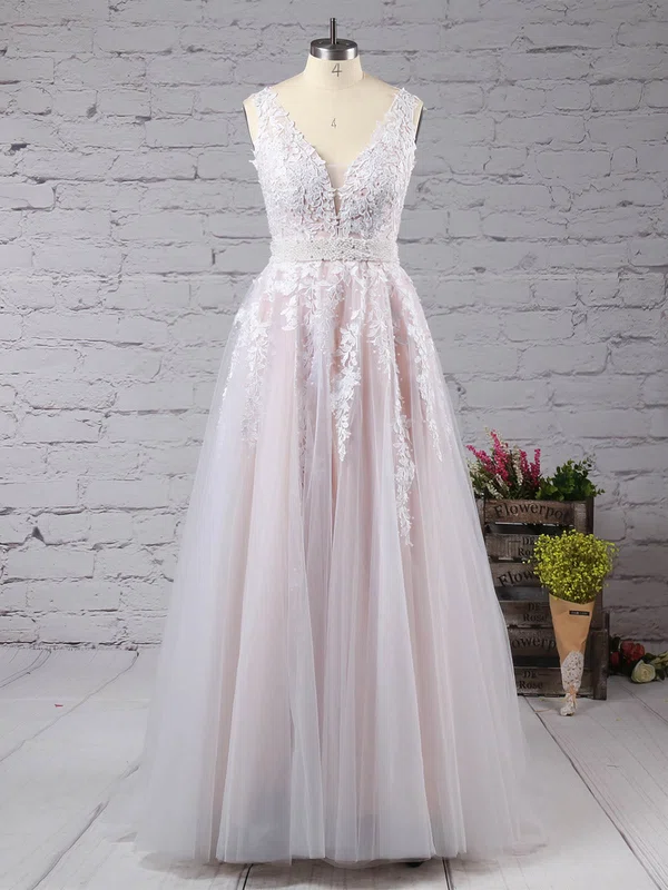 Princess V-neck Tulle Floor-length Appliques Lace Prom Dresses #Milly020104567