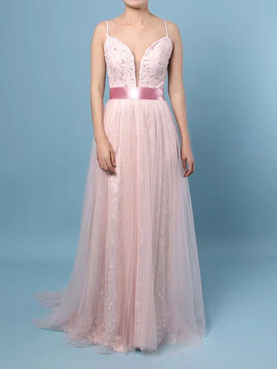 A-line V-neck Lace Tulle Sweep Train Sashes / Ribbons Prom Dresses #Milly020104569